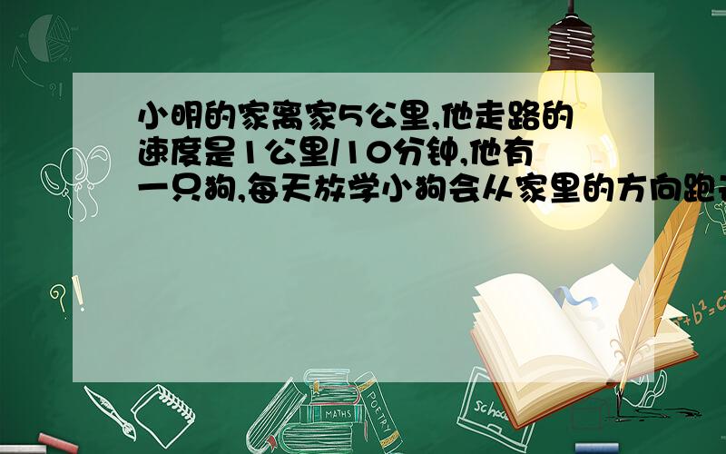 小明的家离家5公里,他走路的速度是1公里/10分钟,他有一只狗,每天放学小狗会从家里的方向跑去迎接他,与他相遇后掉头往家里跑,回到家在掉头,如此往复,小狗的速度是小明的两倍且恒定不变,