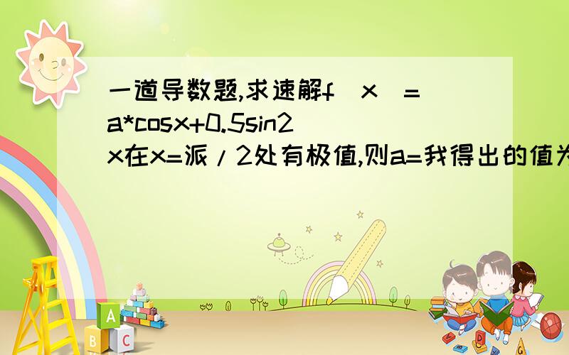 一道导数题,求速解f(x)=a*cosx+0.5sin2x在x=派/2处有极值,则a=我得出的值为-1,但老师说a值不存在,请分析.