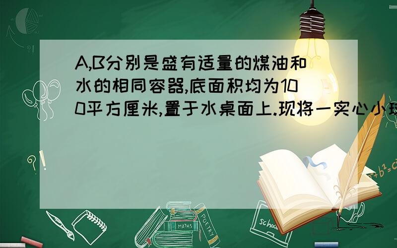 A,B分别是盛有适量的煤油和水的相同容器,底面积均为100平方厘米,置于水桌面上.现将一实心小球分别放入A,B两容器中,小球静止后排开煤油和水的体积分别为20立方厘米和18立方厘米.则小球的