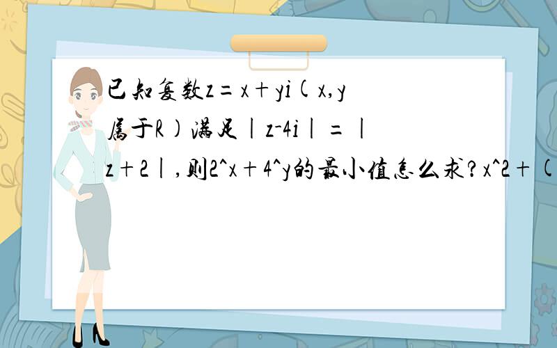 已知复数z=x+yi(x,y属于R)满足|z-4i|=|z+2|,则2^x+4^y的最小值怎么求?x^2+(y-4)^2=(x+2)^2+y^2 得x+2y=32^x+4^y=2^x+2^2y=2^x+2^(3-x)用不等式是怎么解出来的?