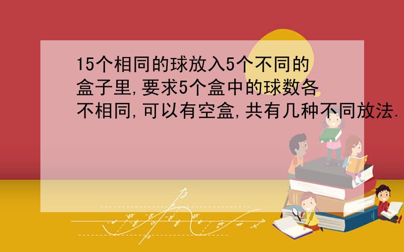 15个相同的球放入5个不同的盒子里,要求5个盒中的球数各不相同,可以有空盒,共有几种不同放法.