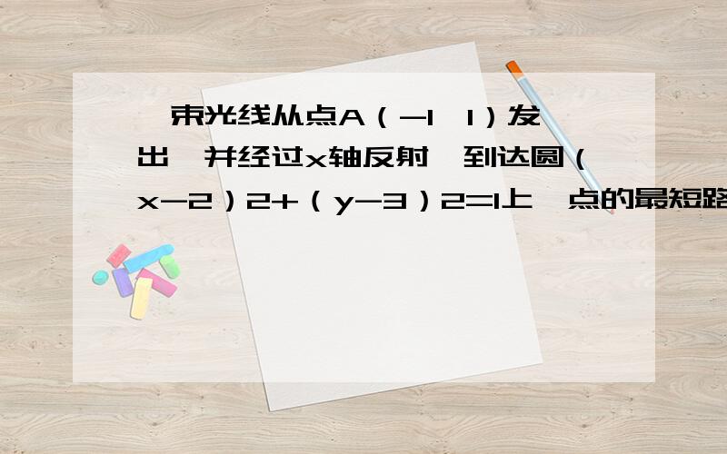 一束光线从点A（-1,1）发出,并经过x轴反射,到达圆（x-2）2+（y-3）2=1上一点的最短路程是?求详解