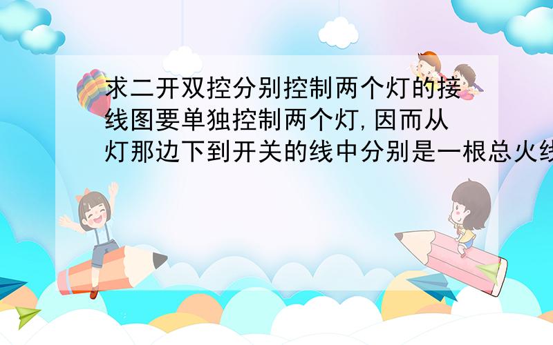 求二开双控分别控制两个灯的接线图要单独控制两个灯,因而从灯那边下到开关的线中分别是一根总火线、两根各连接两个灯的两条回路线,共三根线.从开关延伸到另一个开关,打算装二开双控