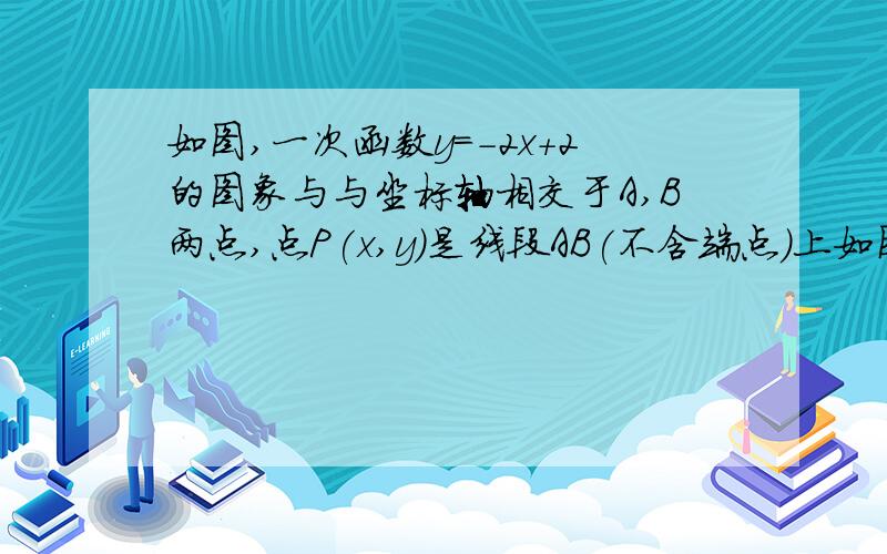 如图,一次函数y=-2x+2的图象与与坐标轴相交于A,B两点,点P(x,y)是线段AB(不含端点)上如图,一次函数y=-2x+2的图象与与坐标轴相交于A、B两点,点P（x,y）是线段AB（不含端点）上一动点,设△AOP的面积