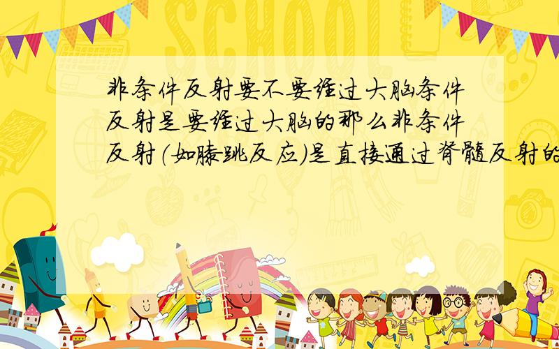 非条件反射要不要经过大脑条件反射是要经过大脑的那么非条件反射（如膝跳反应）是直接通过脊髓反射的：还是由传入神经把信号传入脊髓,然后再传入大脑,然后回到脊髓,最后由传出神经