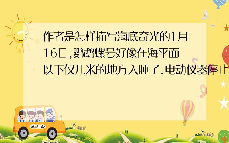 作者是怎样描写海底奇光的1月16日,鹦鹉螺号好像在海平面以下仅几米的地方入睡了.电动仪器停止了运转,螺旋桨不再转动,鹦鹉螺号随波漂流.我猜想船员们正忙于内部修理,因为机器猛烈转动