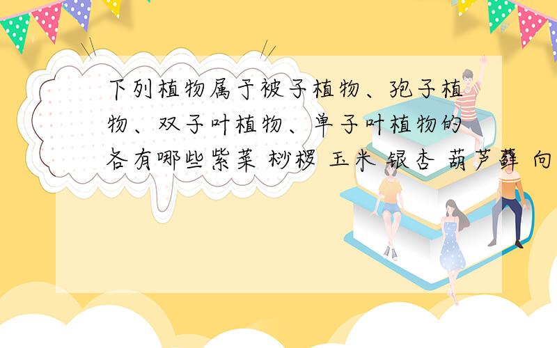 下列植物属于被子植物、孢子植物、双子叶植物、单子叶植物的各有哪些紫菜 桫椤 玉米 银杏 葫芦藓 向日葵 月季 百合 侧柏 肾蕨