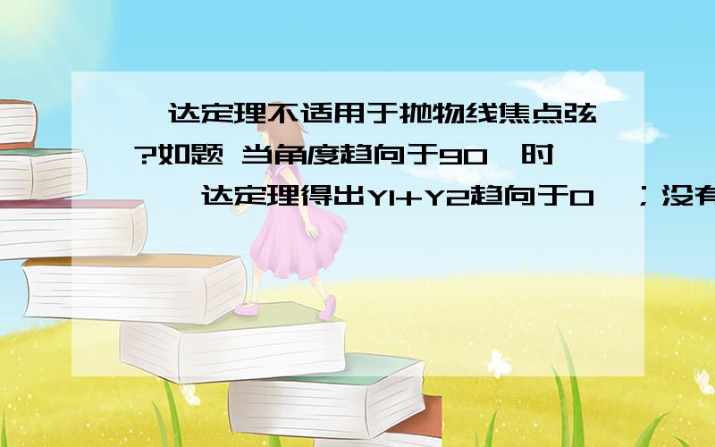 韦达定理不适用于抛物线焦点弦?如题 当角度趋向于90°时,韦达定理得出Y1+Y2趋向于0,；没有实际意义.那么抛物线焦点弦结论“Y1Y2= -P^2 以及 X1X2=P^2/4”是否仍适用于抛物线问题?