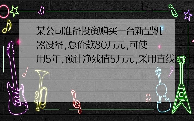 某公司准备投资购买一台新型机器设备,总价款80万元,可使用5年,预计净残值5万元,采用直线法计提折旧.如果投入使用,可使公司每年增加税后利润10万元,如公司要求的最低必要报酬率为10%1计