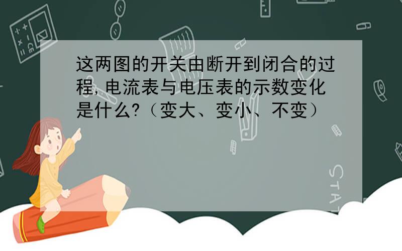 这两图的开关由断开到闭合的过程,电流表与电压表的示数变化是什么?（变大、变小、不变）