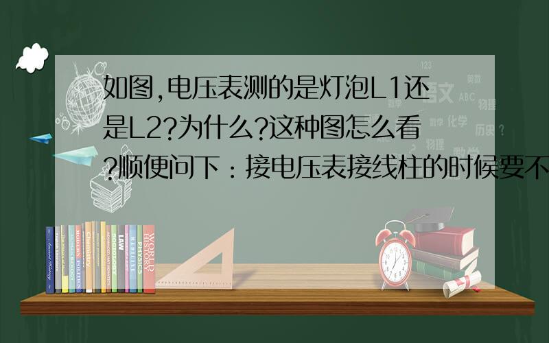 如图,电压表测的是灯泡L1还是L2?为什么?这种图怎么看?顺便问下：接电压表接线柱的时候要不要断开开关,再接入接线柱?