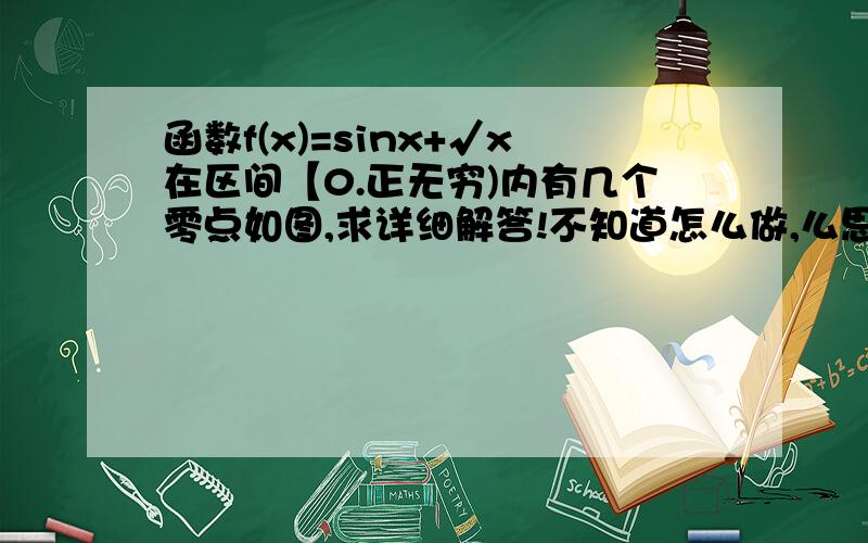 函数f(x)=sinx+√x在区间【0.正无穷)内有几个零点如图,求详细解答!不知道怎么做,么思路