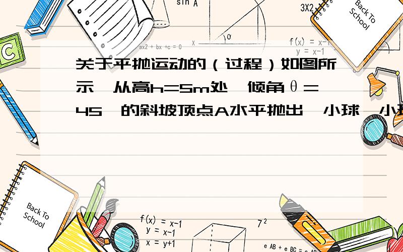 关于平抛运动的（过程）如图所示,从高h=5m处,倾角θ=45°的斜坡顶点A水平抛出一小球,小球的初速度为v0,若不计空气阻力, 求：（12分）（1）当v0=4m/s时,小球的落点离A点的位移；（2）当v0=8m/s时