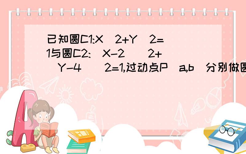 已知圆C1:X^2+Y^2=1与圆C2:(X-2)^2+(Y-4)^2=1,过动点P（a,b）分别做圆C1C2C的切线PMPN（MN为切点）若PM=PN,则根号（a^+b^2)+根号（（a-5）^2+(b+1)^2)的最小值为