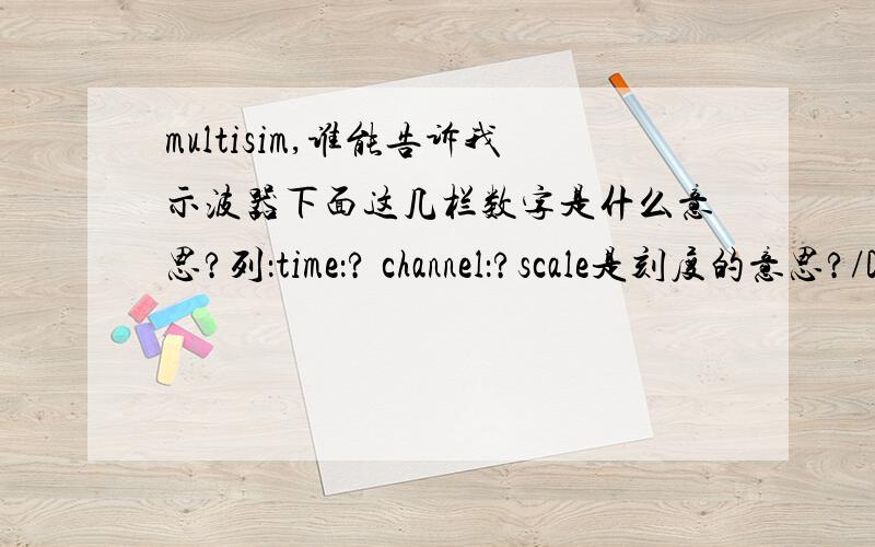 multisim,谁能告诉我示波器下面这几栏数字是什么意思?列：time：? channel：?scale是刻度的意思?/Div是指每格?scale下面一行又是神马、、、