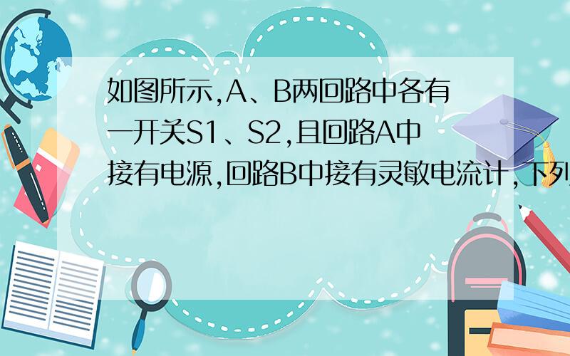 如图所示,A、B两回路中各有一开关S1、S2,且回路A中接有电源,回路B中接有灵敏电流计,下列操作及相应的结果可能的是A、 先闭合S2,后闭合S1的瞬间,电流计指针偏转B、 S1、S2闭合后,在断开S2的