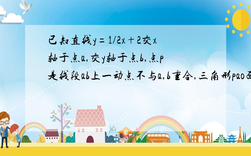 已知直线y=1/2x+2交x轴于点a,交y轴于点b,点p是线段ab上一动点不与a,b重合,三角形pao面积为s求s于x的函数解析式,定义域,