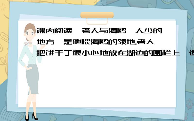 课内阅读《老人与海鸥》人少的地方,是他喂海鸥的领地.老人把饼干丁很小心地放在湖边的围栏上,退开一步,撮起嘴向鸥群呼唤.立刻便有一群海鸥应声而来,几下就扫得干干净净.老人顺着栏杆