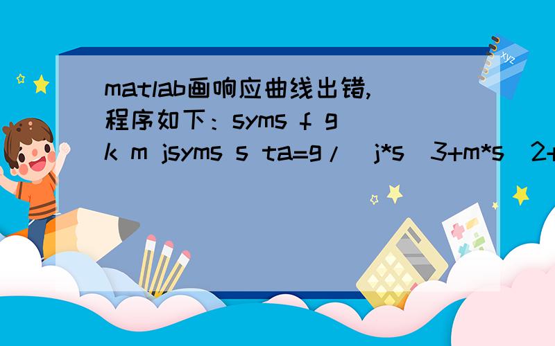 matlab画响应曲线出错,程序如下：syms f g k m jsyms s ta=g/(j*s^3+m*s^2+k*s);b=ilaplace(a);j=0.003242;m=0.044;k=769;g=k*pi/9-m;b=1/k*(1-exp(-1/2*t/j*m)*cosh(1/2*t/j*(m^2-4*j*k)^(1/2))-exp(-1/2*t/j*m)*m/(m^2-4*j*k)^(1/2)*sinh(1/2*t/j*(m^2-4*