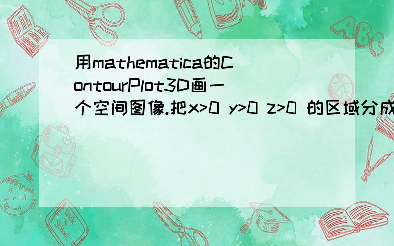 用mathematica的ContourPlot3D画一个空间图像.把x>0 y>0 z>0 的区域分成4个部分.每个部分画一个曲面.如果我想把4个曲面的每一个都单独限定一个区域.并不是在同一块区域内,应该怎么办啊?