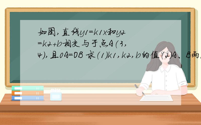 如图,直线y1=k1x和y2=k2+b相交与于点A(3,4),且0A=OB 求（1）k1,k2,b的值（2）A、B两点之间的距离