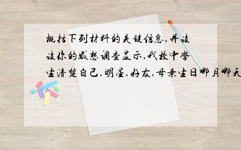 概括下列材料的关键信息,并谈谈你的感想调查显示,我校中学生清楚自己,明星,好友,母亲生日哪月哪天的人数比例依次为100%,62%,40%,8%