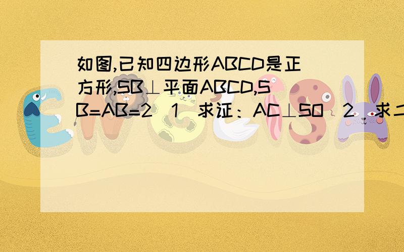 如图,已知四边形ABCD是正方形,SB⊥平面ABCD,SB=AB=2（1）求证：AC⊥SO（2）求二面角S-AC-B的正切值