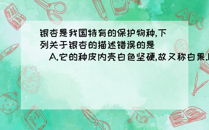 银杏是我国特有的保护物种,下列关于银杏的描述错误的是（ ）A.它的种皮内壳白色坚硬,故又称白果.B.由于银杏是雌雄异株的植物,因此较难结果,故又称公孙树C.它的叶子很特别,为扇形D.它是