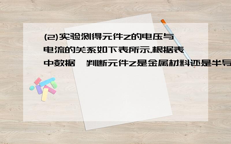 (2)实验测得元件Z的电压与电流的关系如下表所示.根据表中数据,判断元件Z是金属材料还是半导体材料?.(2)实验测得元件Z的电压与电流的关系如下表所示.根据表中数据,判断元件Z是金属材料还