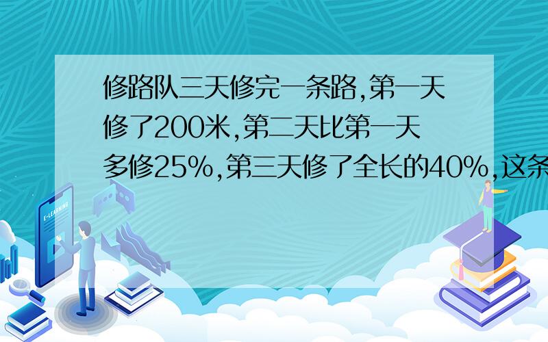 修路队三天修完一条路,第一天修了200米,第二天比第一天多修25％,第三天修了全长的40%,这条路有多长?