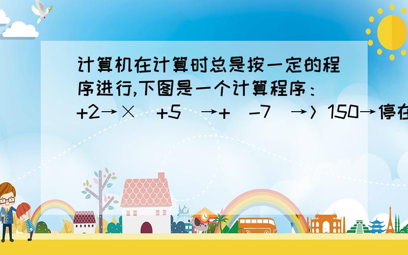 计算机在计算时总是按一定的程序进行,下图是一个计算程序：+2→×（+5）→+（-7）→＞150→停在开始计算时,输入的数字是+2,按程序计算（+2）×（+5）+（-7）=3,因为3不大于150,所以要把它作为