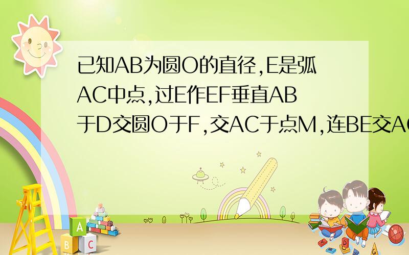 已知AB为圆O的直径,E是弧AC中点,过E作EF垂直AB于D交圆O于F,交AC于点M,连BE交AC于N,求证AM=ME=MN,DE=1/2ACOD=1/2BC,2AE^2=AN*AC