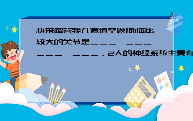 快来解答我几道填空题阿1体比较大的关节是＿＿＿,＿＿＿,＿＿＿,＿＿＿．2人的神经系统主要有————,————,————,组成.3人体所需要的基本营养成分有————,————,———