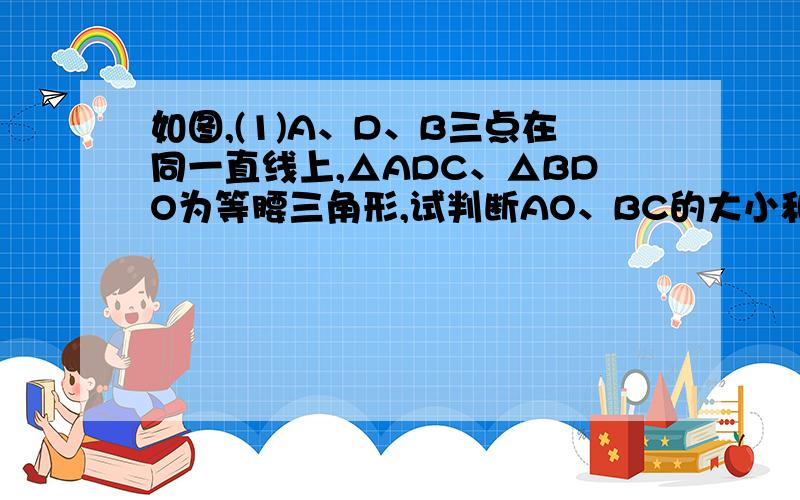 如图,(1)A、D、B三点在同一直线上,△ADC、△BDO为等腰三角形,试判断AO、BC的大小和位置关系并证明你的结论.（2）若△ODB绕顶点D旋转一任意角度后得到图形,则（1）中的结论是否仍然成立?说明