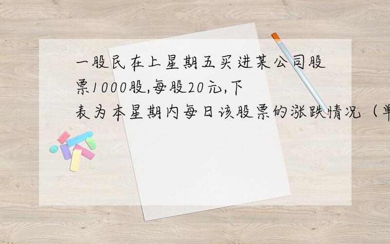 一股民在上星期五买进某公司股票1000股,每股20元,下表为本星期内每日该股票的涨跌情况（单位：元）星 期 一 二 三 四 五 每股涨跌 ＋4 ＋4.5 －1 －2.5 -4（1）本周内,那一天股票的价格最低?