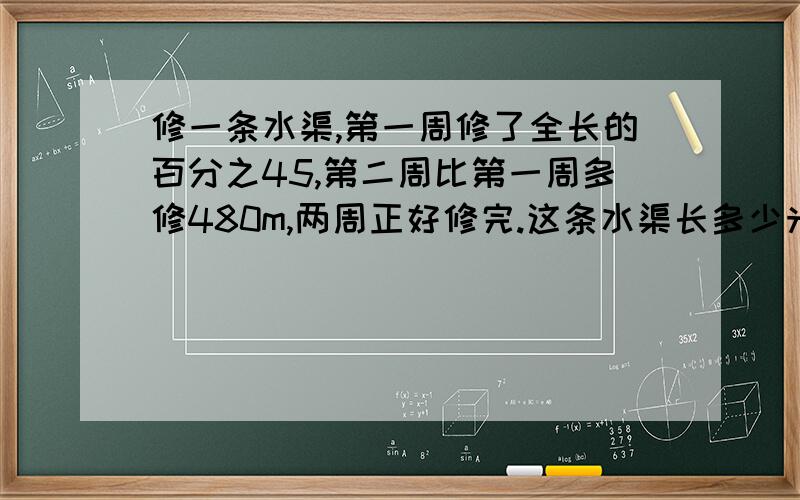 修一条水渠,第一周修了全长的百分之45,第二周比第一周多修480m,两周正好修完.这条水渠长多少米