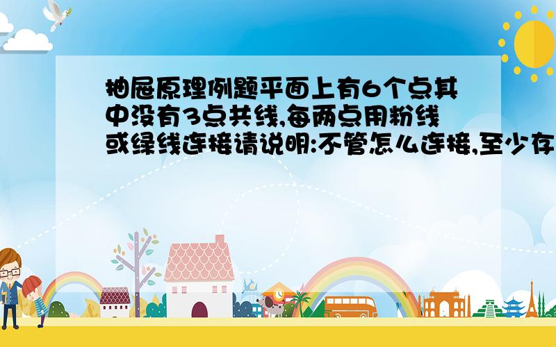 抽屉原理例题平面上有6个点其中没有3点共线,每两点用粉线或绿线连接请说明:不管怎么连接,至少存在一个同色的三角形.