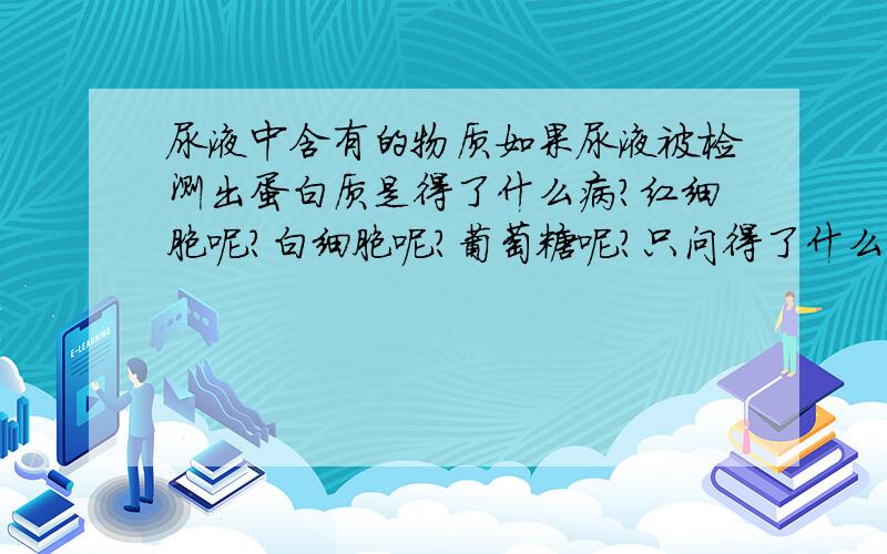 尿液中含有的物质如果尿液被检测出蛋白质是得了什么病?红细胞呢?白细胞呢?葡萄糖呢?只问得了什么病,不要罗里巴嗦一大堆,快,急用,明天要交( ⊙ o ⊙