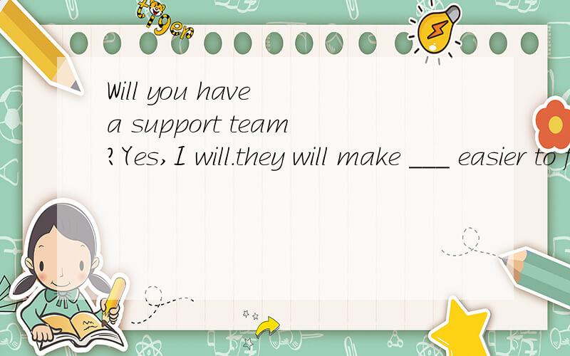 Will you have a support team?Yes,I will.they will make ___ easier to finish the work.A.this B.that C.it D.them