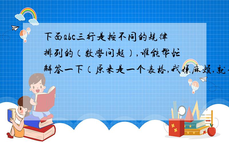 下面abc三行是按不同的规律排列的（数学问题）,谁能帮忙解答一下（原来是一个表格,我嫌麻烦,就不弄表格啦）            a   2   4   6   8   10            b   1   5   9   13  17            c   2   5   10  17  26