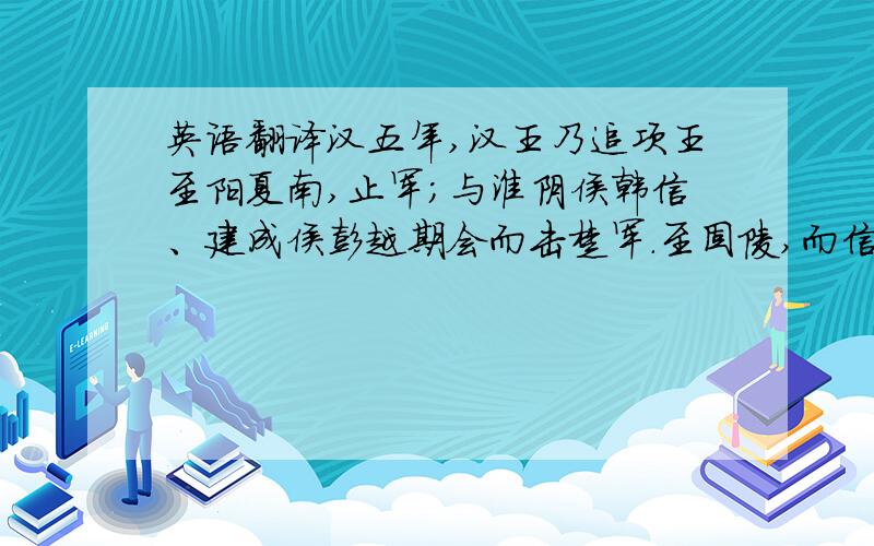 英语翻译汉五年,汉王乃追项王至阳夏南,止军；与淮阴侯韩信、建成侯彭越期会而击楚军.至固陵,而信、越之兵不会.楚击汉军,大破之.汉王复入壁,深堑而自守.谓张子房曰：“诸侯不从约,为之