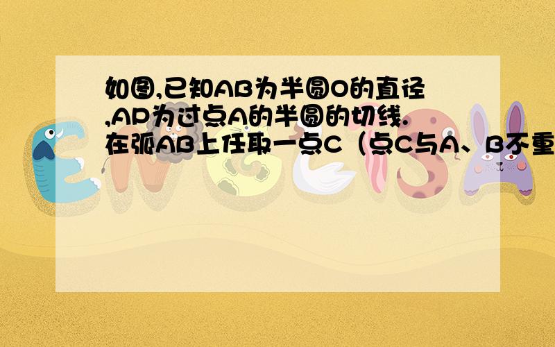 如图,已知AB为半圆O的直径,AP为过点A的半圆的切线.在弧AB上任取一点C（点C与A、B不重合）,过点C作CE⊥AB于E,F是CE的中点,连结BF并延长交AP于点D,连结CD.当点C不是弧AB的中点时,试猜想直线CD与半