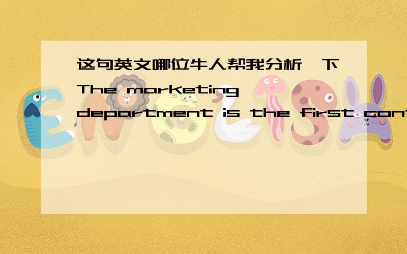 这句英文哪位牛人帮我分析一下The marketing department is the first contact that the meeting group has with the convention center.that the meeting group加在中间应该是什么成分?我应该如何理解这句话呢?