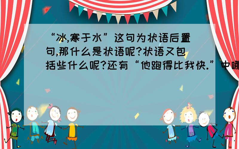 “冰,寒于水”这句为状语后置句,那什么是状语呢?状语又包括些什么呢?还有“他跑得比我快.”中哪个是状语啊?谁能教教我啊!