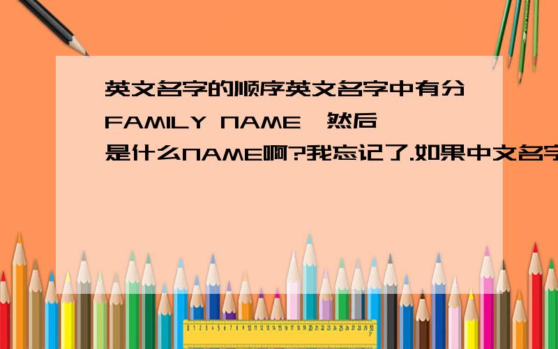 英文名字的顺序英文名字中有分FAMILY NAME,然后是什么NAME啊?我忘记了.如果中文名字,例如张学友,张是FAMILY NAME吧,学友是什么NAME?平时也见只写FIRST NAME 与 LAST NAME.FIRST NAME 是指FAMILY NAME 还是什么