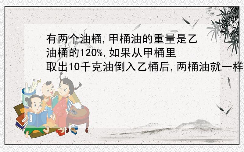 有两个油桶,甲桶油的重量是乙油桶的120%,如果从甲桶里取出10千克油倒入乙桶后,两桶油就一样重了.有两个油桶,甲桶油的重量是乙油桶的120%,如果从甲桶里取出10千克油倒入乙桶后,两桶油就一