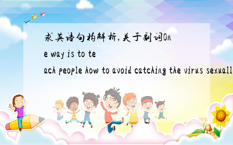 求英语句构解析,关于副词One way is to teach people how to avoid catching the virus sexually through condom promotion.该句中sexually是不是修饰catching?如果是的话,放在virus后面我总是感觉别扭.通常不是直接在动词