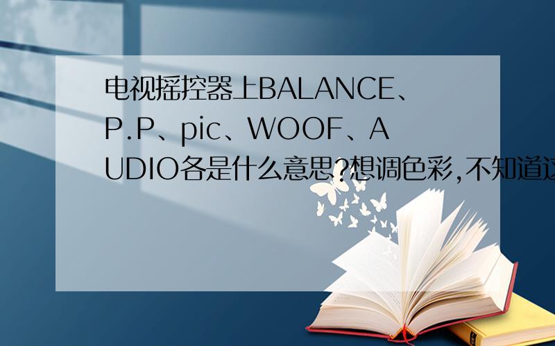 电视摇控器上BALANCE、P.P、pic、WOOF、AUDIO各是什么意思?想调色彩,不知道这些键有没有用?不好意思,本人暂无财富可赏,