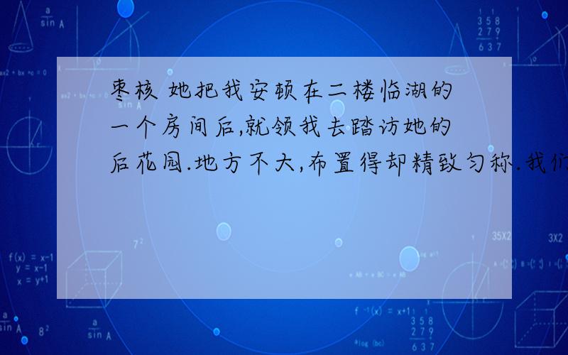 枣核 她把我安顿在二楼临湖的一个房间后,就领我去踏访她的后花园.地方不大,布置得却精致匀称.我们在靠篱笆的一张白色长凳上坐下,她劈头就问我：“觉不觉得这花园有点家乡味道?”经她