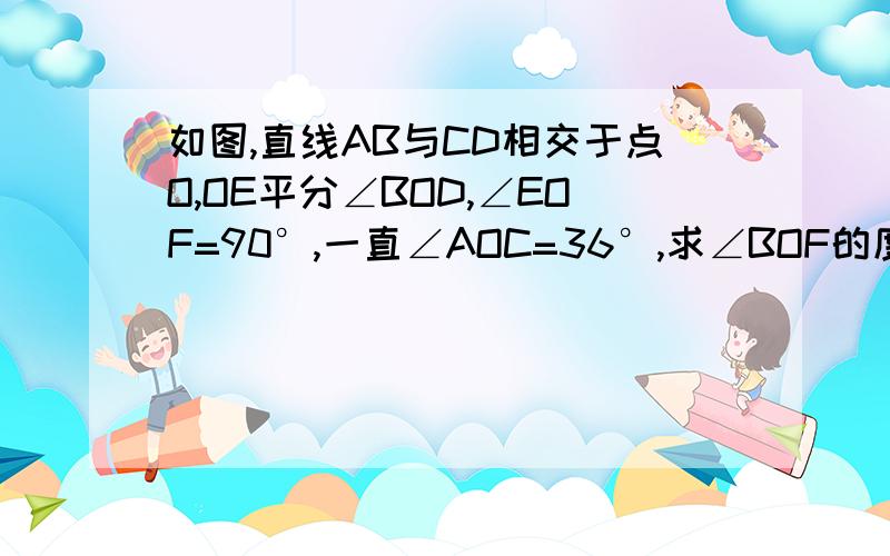 如图,直线AB与CD相交于点O,OE平分∠BOD,∠EOF=90°,一直∠AOC=36°,求∠BOF的度数